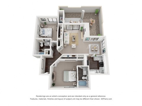 Floor plan for 2 beds, 2 baths, 1100 sqft